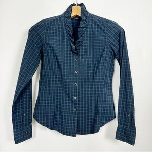 Brooks Brothers‎ Women’s Plaid Ruffle Collar Navy and Green Shirt Blouse Size 4